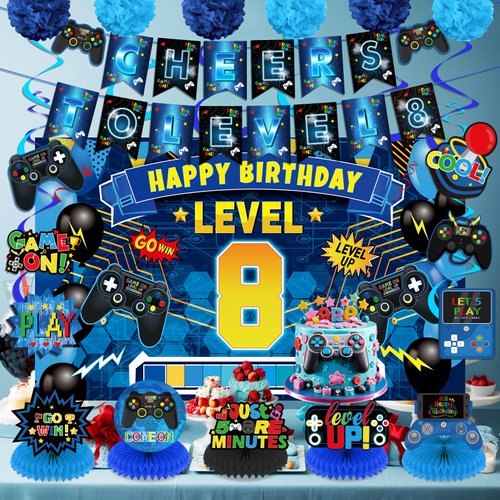 Video Game 8th Birthday Party Decorations Blue Black Happy Birthday Level 8 Banner Backdrop Honeycomb Centerpieces Hanging Swirls Tissue Paper Pompoms Kit for Boy 8 Years Old Game Controller Supplies