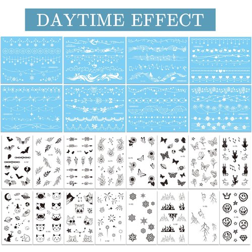 Konsait 24 Sheets Glow in the Dark Tattoos Face Tattoos for Women Girls Temporary Tattoos for Women Glow Tattoos Mermaids Butterfly Tattoos Blue Tattoos for Kids Luminous Body Make Up Fake Tattoo