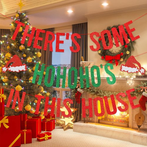 Red and Green Glitter There's Some HoHoHos in This House Banner, Funny Christmas Banner Decorations, Christmas Party Banner for Xmas Holiday Party Home Office Fireplace Mantel Decorations