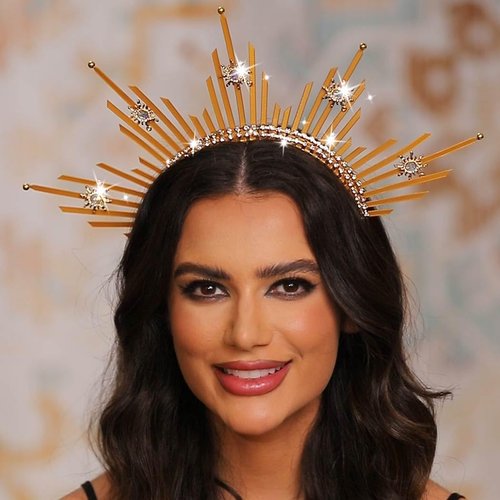 Bounzhi Halo Crown Headband Rhinestone Goddness Headpiece Pearl Zip Ties Spiked Hair band Cosplay Party for Women (C, one size)