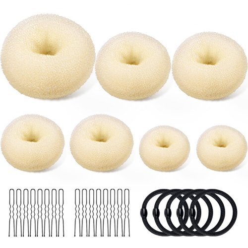 TsMADDTs Ring Style Bun Maker Set - 7 Golden Bun Makers, 5 Hair Ties, 20 Bobby Pins for Chignon Hairstyles