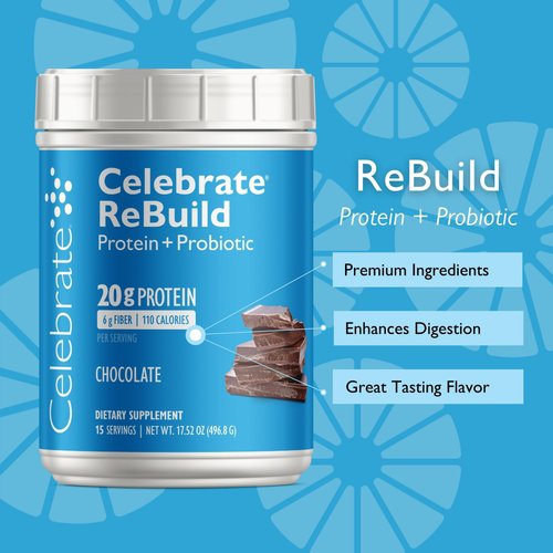 Celebrate Vitamins Rebuild Whey Isolate Protein Powder with Probiotic and Prebiotic, 20 g Protein, Gluten Free, Chocolate, 15 Servings
