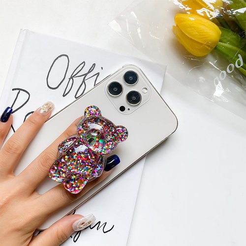 1Pc Multicolor Cute Bear Mobile Phone Finger Holder Mobile Phone Cartoon Foldable Epoxy Sequins 3D Shaped Phone Grip Tok Folding Bracket for Desktop Mobile Phone Accessories