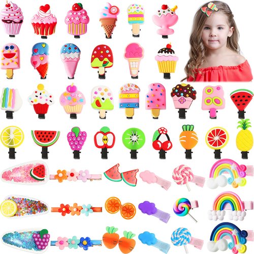 48 Pieces Girl Hair Clips Cute Candy Barrettes Fun Dessert Pattern Hair Accessories Flower Fruit Pattern Hair Clip Cloud Lollipop Rainbow Hairpin Cartoon Ice Cream Hair Clip for Girl, Assorted Styles