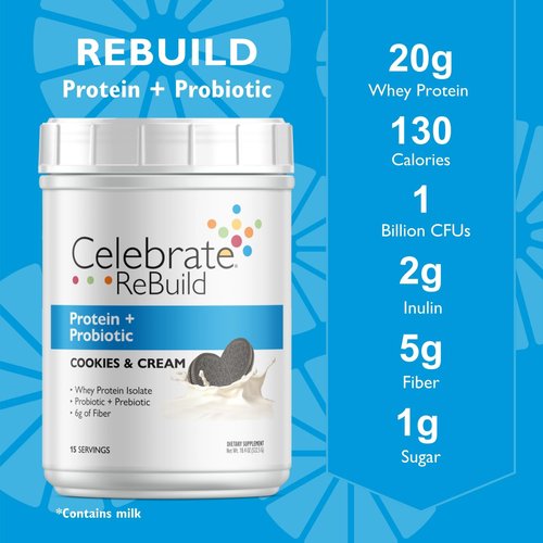 Celebrate Vitamins Rebuild Whey Isolate Protein Powder with Probiotic and Prebiotic, 20g Protein, Gluten Free, Cookies & Cream,15 Servings