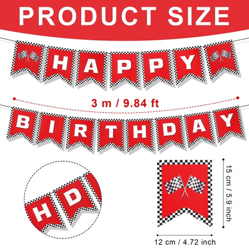 Race Car Happy Birthday Banner, Race Car Birthday Party Decorations Checkered Flags Black and White Racing Banner Let's Go Racing Checkered Flag Party Themed Party Supplies Decorations (Red)