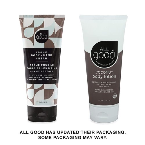 All Good Hand & Body Lotion - Moisturizing Organic Lotion for Dry Skin, Hands & Body - Essential Oils, Calendula, Cocoa Butter - Non-Greasy Body Butter, 6 fl oz (Coconut)