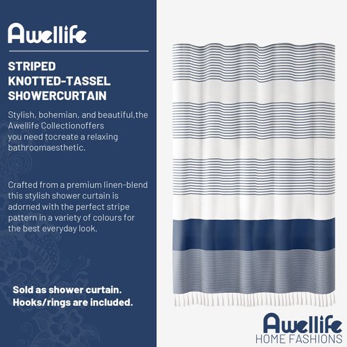 Awellife Navy Blue Shower Curtain for Bathroom Stripe Tassel Shower Curtain 72 X 84 Inches Farmhouse Linen Long
