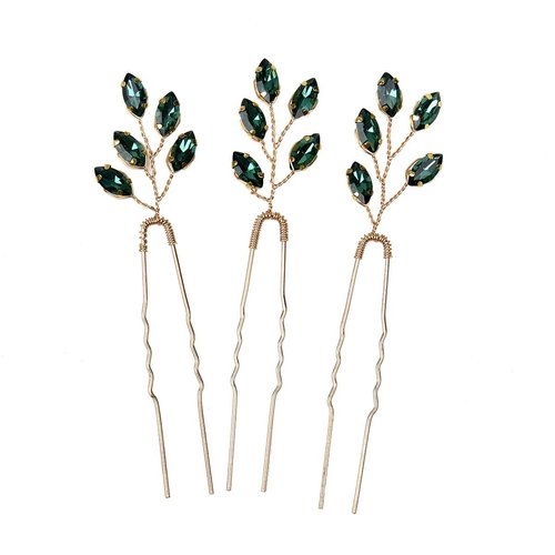3pcs Green Wedding Hair Pins for Bride Crystal Bridal U Hair Pins for Women Rhinestone Hairpins for Wedding Party Brides Bridesmaids Women