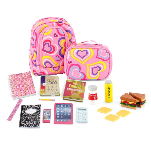 Emily Rose 18-inch Doll Clothes - 18-Piece School Essentials Backpack and Lunch Play Set, with Fun Accessories, Including Pretend Food & Working Calculator | USA Business | Compatible with 18" Dolls
