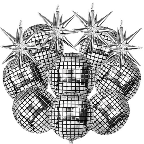 12PCS 70s Disco Party Decorations Balloons, 8 4D Disco Balloons Metallic Mirror Foil Balloons and 4 Silver Explosion Foil Cone Balloons for 70s 80s Disco Fever Party Decoration (Silver)