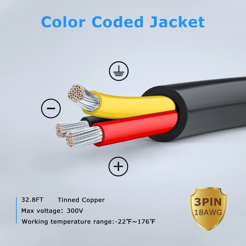 DEKIEVALE 18 Gauge 3 Conductor Electrical Wire, 32.8FT Black Stranded Low Voltage 18/3 Cable PVC Case, 18 AWG Tinned Copper 3 Wire Cable, Flexible Extension Power Cord for LED Lamp Lighting Automotive