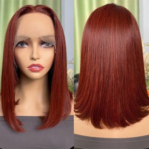 Reddish Brown Bob Wig Human Hair 13x4 Lace Frontal Wig For Black Women180% Density Colored 33B Reddish Brown Straight Bob Lace Front Wigs Human Hair Auburn Pre Plucked with Baby Hair