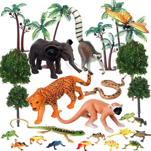 MiniInflat 25 Pcs Rainforest Diorama Animals Figures Toys Set Assorted Creatures Rainforest Diorama Supplies Animals Model Trees for Birthday Party Favors, Piñata Fillers