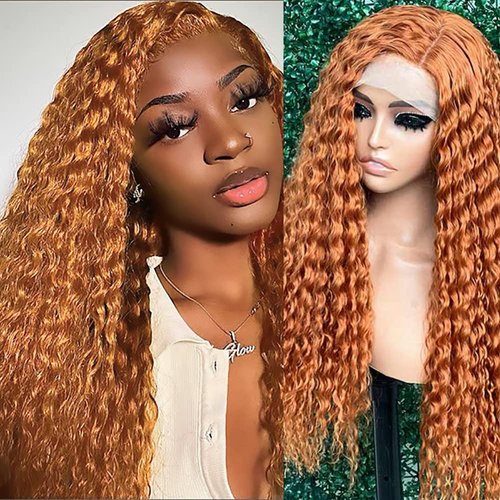 Estilar Ginger Orange Lace Front Wigs Deep Wave Side Part Wig Glueless T Part Lace Front Wig for Women Long Synthetic Hair Ginger Colored Deep Curly Lace Frontal Wigs with Baby Hair 28 Inch