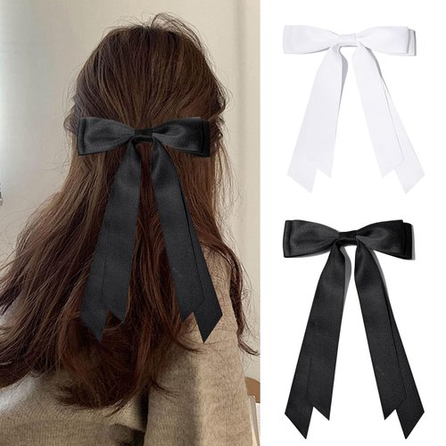 2PCS Silky Satin Hair Bows Hair Clip Black White Hair Ribbon Ponytail Holder Accessories Slides Metal Clips Hair Bow for Women