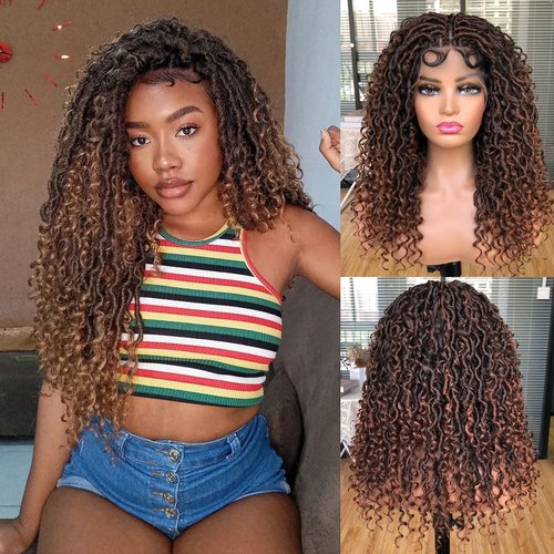 MURAMURA HAIR Goddess Faux Locs Wigs for Black Women 18Inch Full Lace Curly Synthetic Wigs with Baby Hair Bohemia Locs Twist Crochet Curls Braid Braided Wig(Ombre Brown