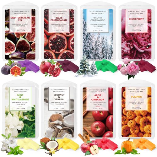 Wax Melts Wax Cubes, Scented Wax Melts for Warmer, Blush Peony, Mediterranean Fig, Black Pomegranate, Coconut Vanilla, Mint & White Jasmine, Winter Cedarwood, Pumpkin and Apple& Cinnamon（8x2.5oz）