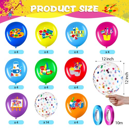 50 Pieces Art Party Balloons Printed Party Latex Balloons Multicolor Artist Balloons and Foil Confetti Balloons for Art Classroom Paint Class Painting Paintbrush Birthday Party Decoration, 12 Inches