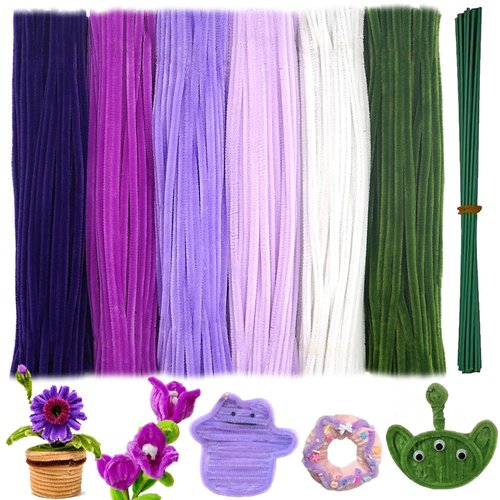 620 Pieces Purple Pipe Cleaners Craft Set, 600 Pcs Chenille Stems with 20 Pcs Flower Stems, Craft Supplies Bulk for DIY Art and Craft Projects Creative Gift Wrapping Party Decorations(Purple Series)