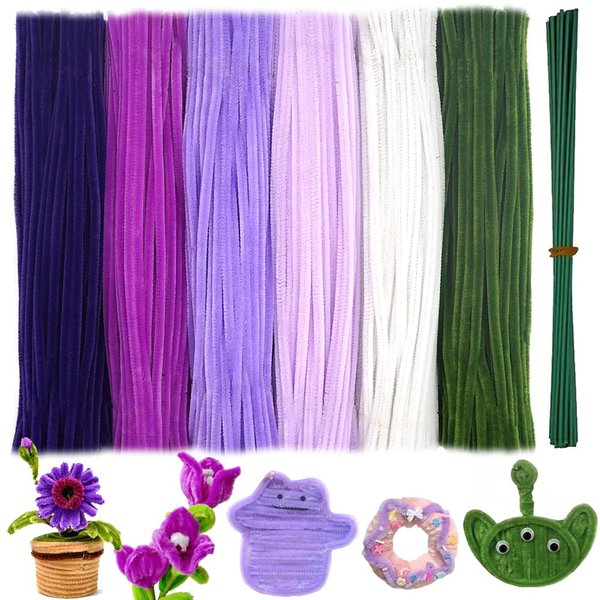 620 Pieces Purple Pipe Cleaners Craft Set, 600 Pcs Chenille Stems with 20 Pcs Flower Stems, Craft Supplies Bulk for DIY Art and Craft Projects Creative Gift Wrapping Party Decorations(Purple Series)