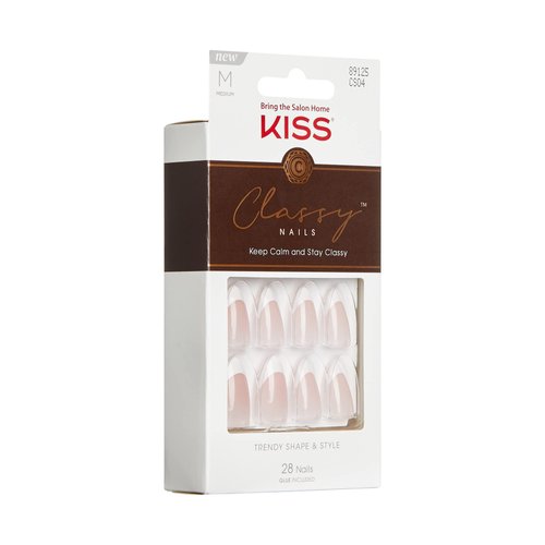 KISS Classy Press On Nails, Nail glue included, 'Dashing', Light White, Medium Size, Almond Shape, Includes 28 Nails, 2g glue, 1 Manicure Stick, 1 Mini File