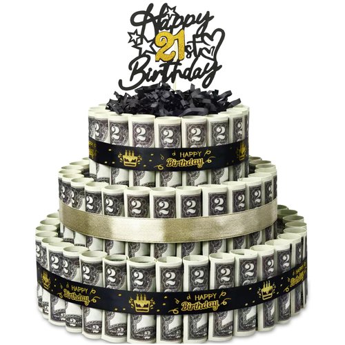 BUAEL Happy Birthday Gift Can Be 21 Age 3 Layers Of Black Gold Cake Filled With Cash Happy Birthday Day Money Cake Gift Party Supplies Money Gift Ideas For Birthday Cake