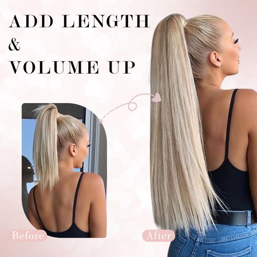 SEGO Pro Ponytail Extensions Human Hair Long Ponytail Hair Extensions with Magic Paste Wrap Around Clip in Ponytail Extensions Real Human Hair,20inch #18P613 Gold Blonde Mixed Bleach Blonde,95g
