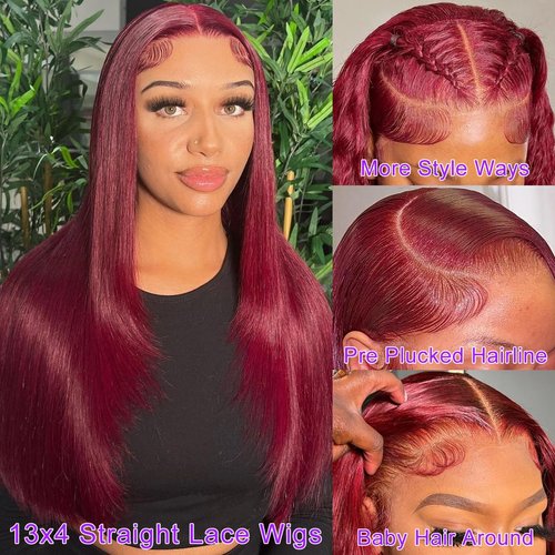 Valkous 26 Inch Red Straight Lace Front Wigs Human Hair Pre Plucked Burgundy Lace Front Wigs Human Hair Straight Wigs for Women Glueless 13x4 Lace Front Wigs Human Hair Colored 180% Density 99j Wigs