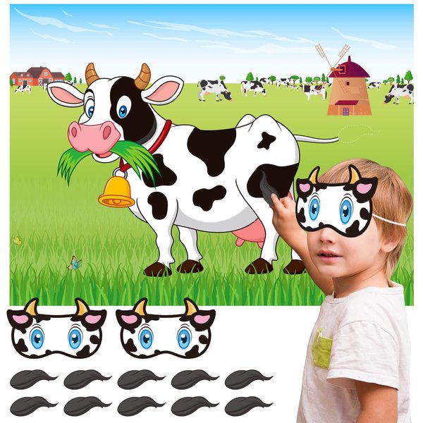 NEBURORA Pin The Tail on The Cow Game with 30 Tails for Forest Farm Birthday Christmas Supplies Pin Game, Boys Girls Woodland Animal Party Decorations Home Wall Decor