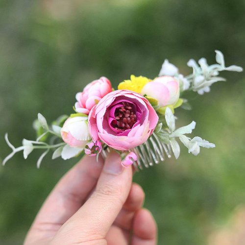 Fangsen Silver Wedding Rose Flower Pinecones Hair Comb Bridal Flower Hair Clip Floral Christmas Hair Accessories (Pink)
