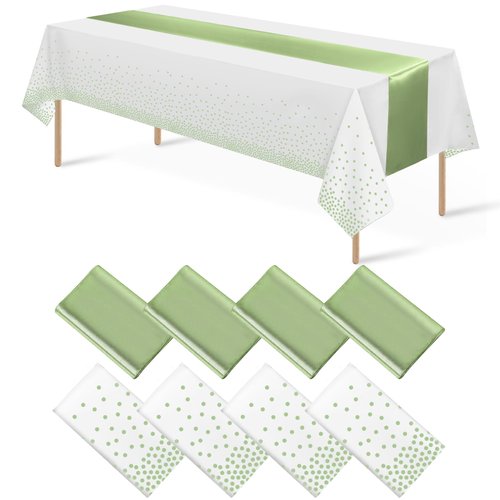 8Pack Plastic Tablecloths and Satin Table Runner Set Disposable White and Sage Green Dot Table Cloth Green Satin Table Runner for Wedding Birthday Baby Shower Anniversary Holiday Party Decorations