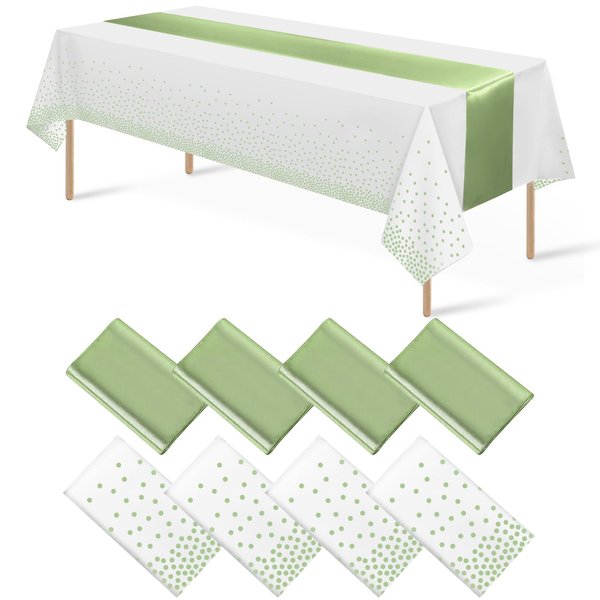 8Pack Plastic Tablecloths and Satin Table Runner Set Disposable White and Sage Green Dot Table Cloth Green Satin Table Runner for Wedding Birthday Baby Shower Anniversary Holiday Party Decorations