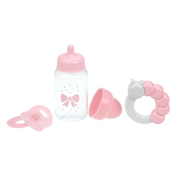 JC Toys Pink Baby Doll Bottle, Rattle & Pacifier Set for Keeps Playtime! | Fits Many Dolls up to 15" | Play Accessories | Ages 2+