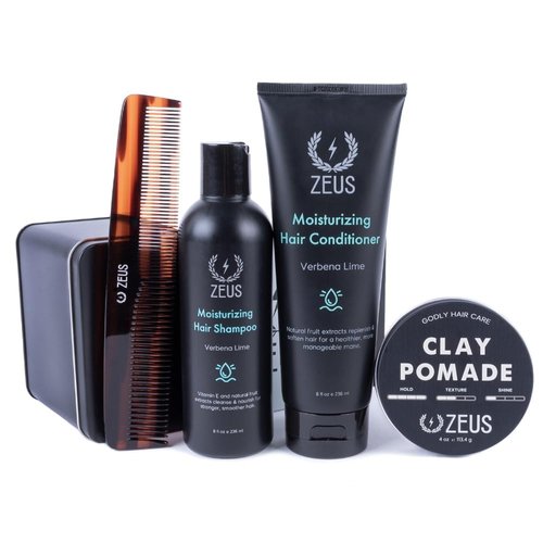 ZEUS Hair Wash & Style Set - Moisturizing Shampoo, Hydrating Conditioner, Hair Comb & Styling Hair Pomade Kit for Men (Clay)