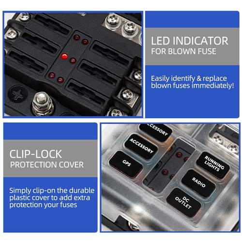 KNFRXO 6 Way Fuse Block, 12 Volt Waterproof Boat Fuse Panel with LED Warning Indicator Damp-Proof Cover, Compatible with Car Motorcycle RV Truck Marine Golf Cart, DC 12-24V, 12 pcs Fuse Included