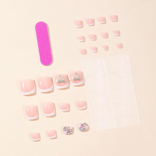 OHWODA French Tip Press on Toenails Short Square Fake Toe Nails White Toe Nail Tips Cute Designs Acrylic Toe Nails Full Cover Glue on Toenails Summer False Toe Nails 24 Pcs in 12 Sizes (3D Crown)