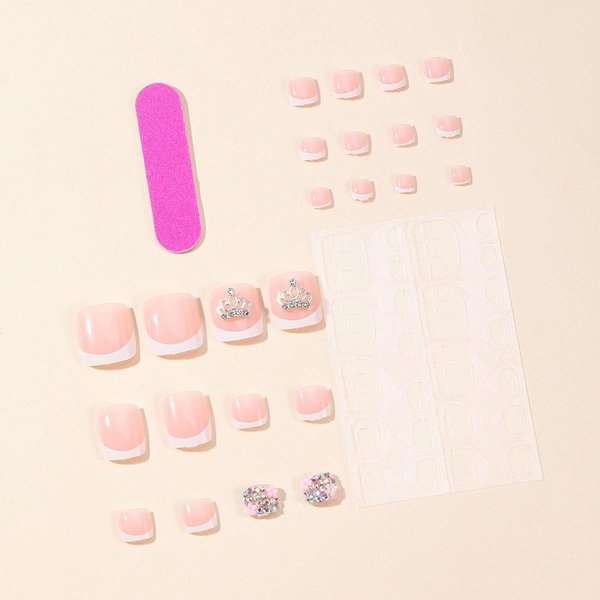 OHWODA French Tip Press on Toenails Short Square Fake Toe Nails White Toe Nail Tips Cute Designs Acrylic Toe Nails Full Cover Glue on Toenails Summer False Toe Nails 24 Pcs in 12 Sizes (3D Crown)