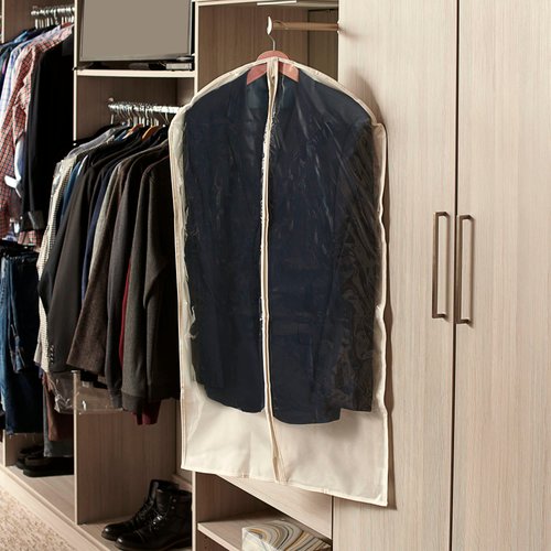 Household Essentials 311393 Hanging Garment Bag | Suit and Jacket Protector | Natural Cotton Canvas with Clear Vinyl Cover, Off-White