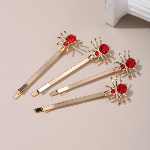 4Pcs Spider Bobby Pins 2.5" Halloween Red Rhinestone Spider Hairpins Women Girls Hair Accessories, Gold