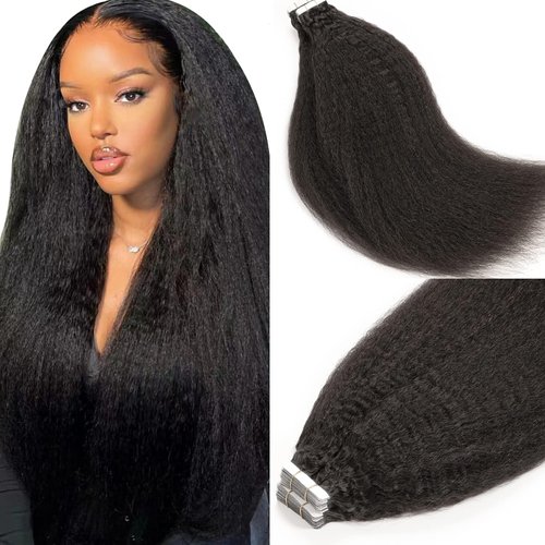 Lacer Hair Kinky Straight Tape ins Human Hair Natural Black Color kinky straight Tape in Hair Extensions for Black Women Double Sided Weft Long 20 Inch 40pcs 100G