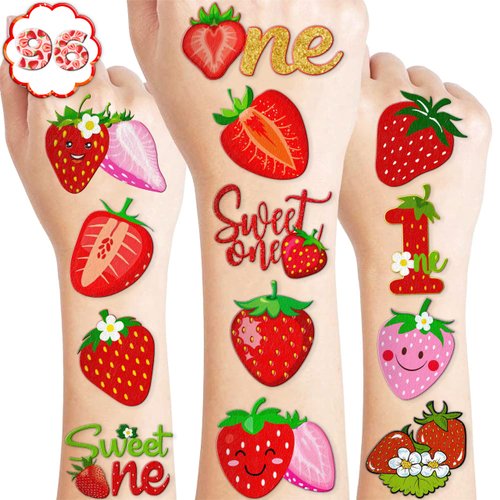 105 PCS Berry First Strawberry Temporary Tattoos Themed 1st Birthday Party Favors Supplies Decorations Decor Cute Sweet One Red Fruit Tattoo Stickers Gifts For Boys Girls Class Prizes Carnival Cartoon