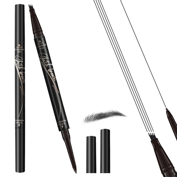 Kpeuuef Microblading Eyebrow Pen -2-in-1 Magical Eyebrow Pencil Dual-Ended Eye Brow Pencils with 4 Fork Tip Brown Liquid Eyebrow Pen for Women Natural Hair-Like Brows Black
