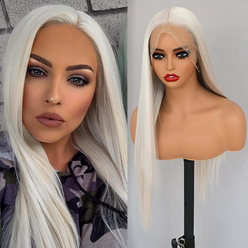 Oxeely 13x6 Platinum White Lace Front Wig Long Straight Platinum Blonde wig Pre Plucked Wig Natural Hairline Glueless Lace Wigs Heat Resistant Fiber Hair White Synthetic Lace Front Wigs for Women