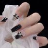 Hkanlre Bow Tie Press on Nails Black Coffin Fake Nails Tips Full Cover Pearl False Nails for Women and Girls 24PCS