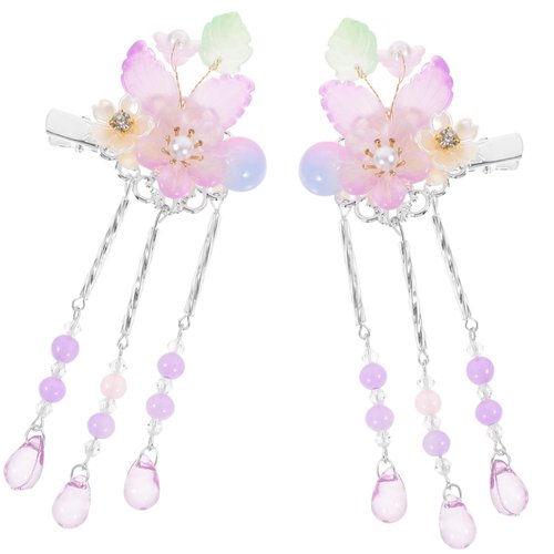 Outanaya 1 Pair Floral Tassel Headdress Chinese Hair Barrette Metal Hair Clips for Women Chinese Style Hair Clips Girls Hair Side Clip Issue Card Women's Purple Plastic The Flowers