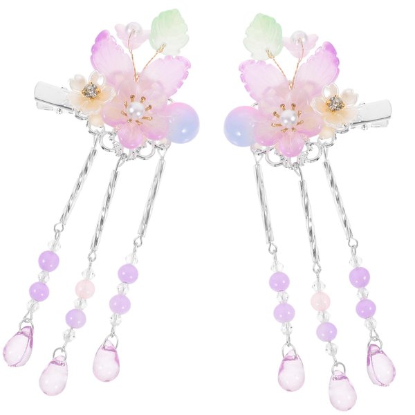 Outanaya 1 Pair Floral Tassel Headdress Chinese Hair Barrette Metal Hair Clips for Women Chinese Style Hair Clips Girls Hair Side Clip Issue Card Women's Purple Plastic The Flowers
