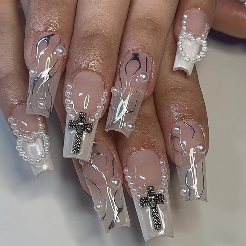 BABALAL Coffin Press on Nails Long Fake Nails White French Glue on Nails 3d Cross Pearl Heart Acrylic Nails 24Pcs Ballerina Y2k Manicure Artificial False Nails for Women and Girls