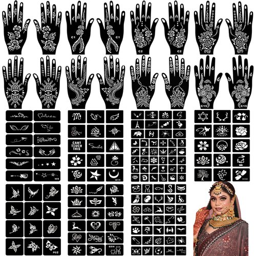 RoseNacht Henna Tattoo Stencil Kit 165+pcs, 23 Sheets Henna Stencils Glitter Airbrush Reusable Temporary Tattoo Stencils Indian Arabian Realistic Tattoo Stickers for Face Body Paint DIY