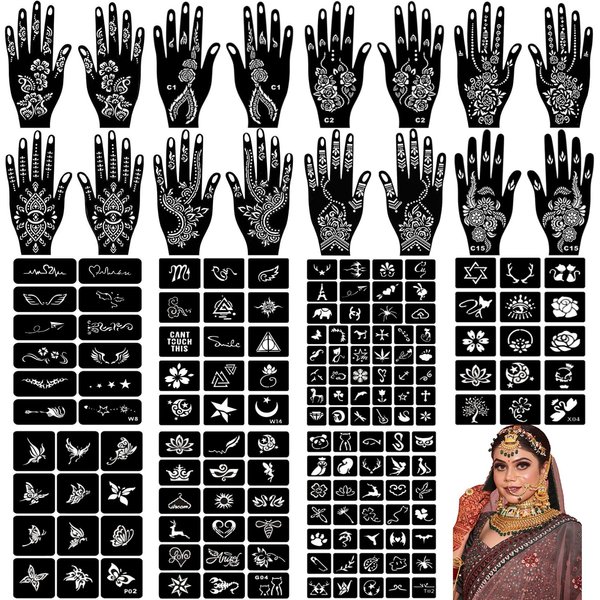RoseNacht Henna Tattoo Stencil Kit 165+pcs, 23 Sheets Henna Stencils Glitter Airbrush Reusable Temporary Tattoo Stencils Indian Arabian Realistic Tattoo Stickers for Face Body Paint DIY